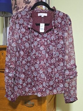 LOFT Burgundy Floral Sheer Tie-Front Blouse